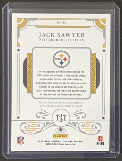 2025 Jack Sawyer — National Treasures Rookie Dual Materials [Purple] — back — Inventory P083-A