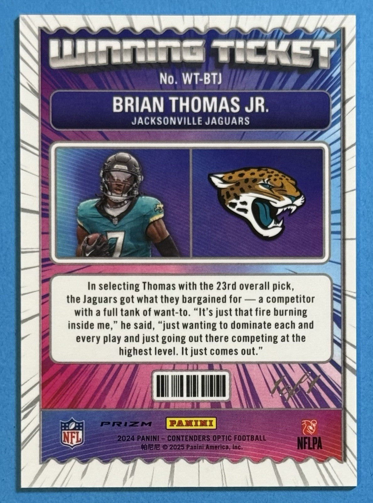2024 Brian Thomas Jr. — Contenders Optic Winning Ticket [Gold Vinyl Prizm] — back — Inventory P086-A