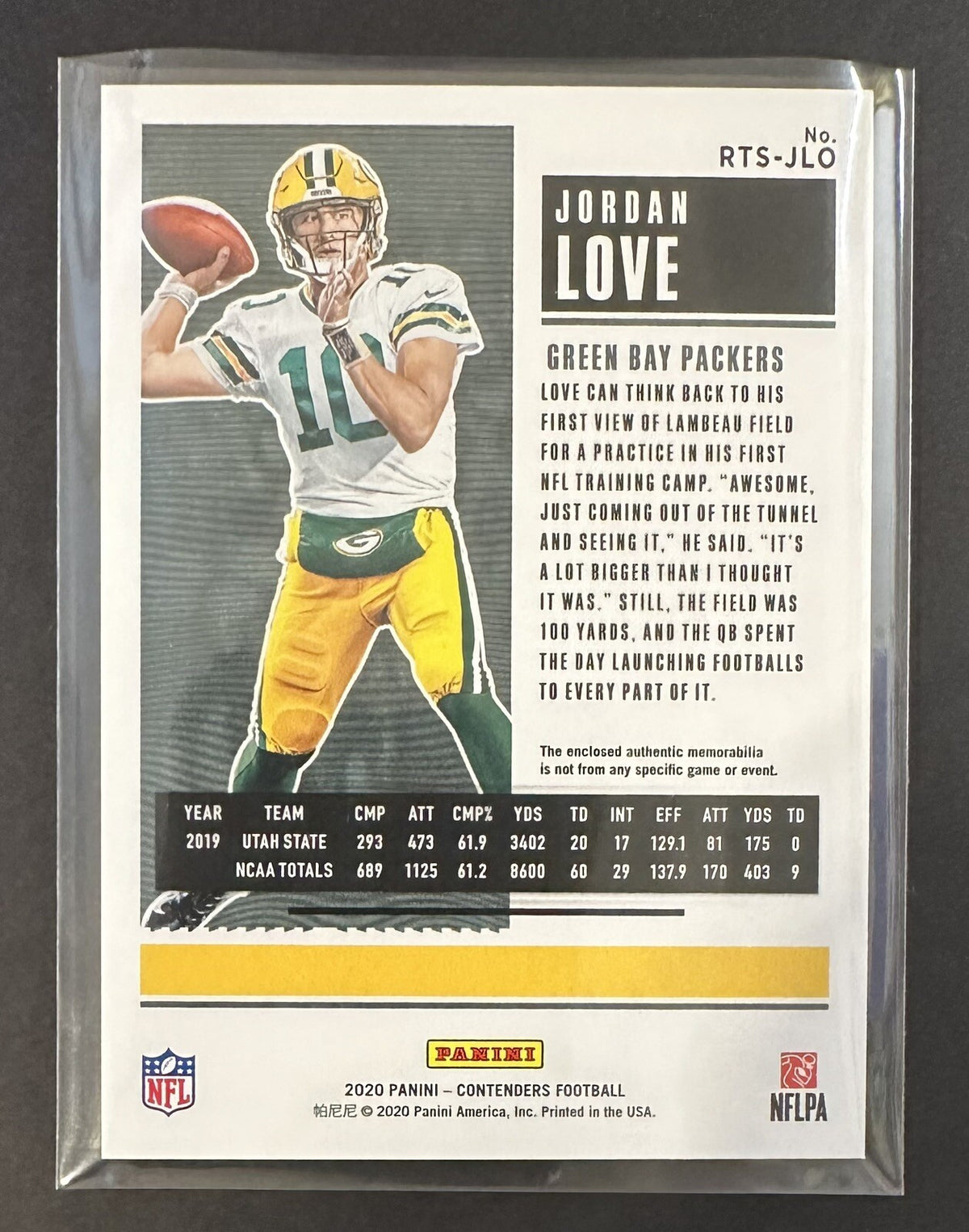 2020 Jordan Love — Contenders Rookie Ticket Swatches [Base] — back — Inventory P089-C