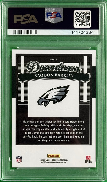 2025 Saquon Barkley Donruss Downtown PSA 10 — back — P100-A — certification 141724384