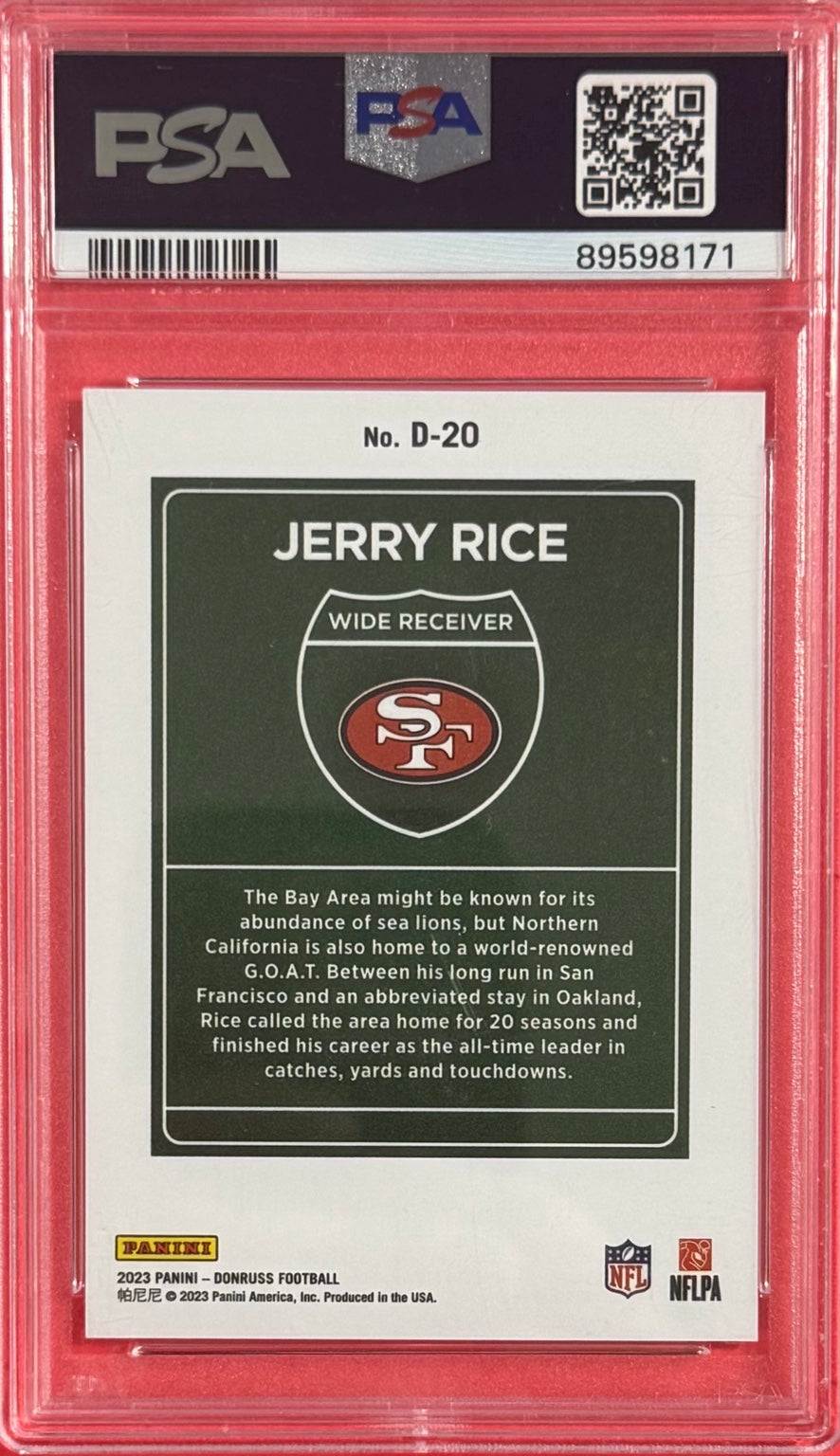 2023 Jerry Rice Donruss Downtown PSA 10 — back — P100-D — certification 89598171
