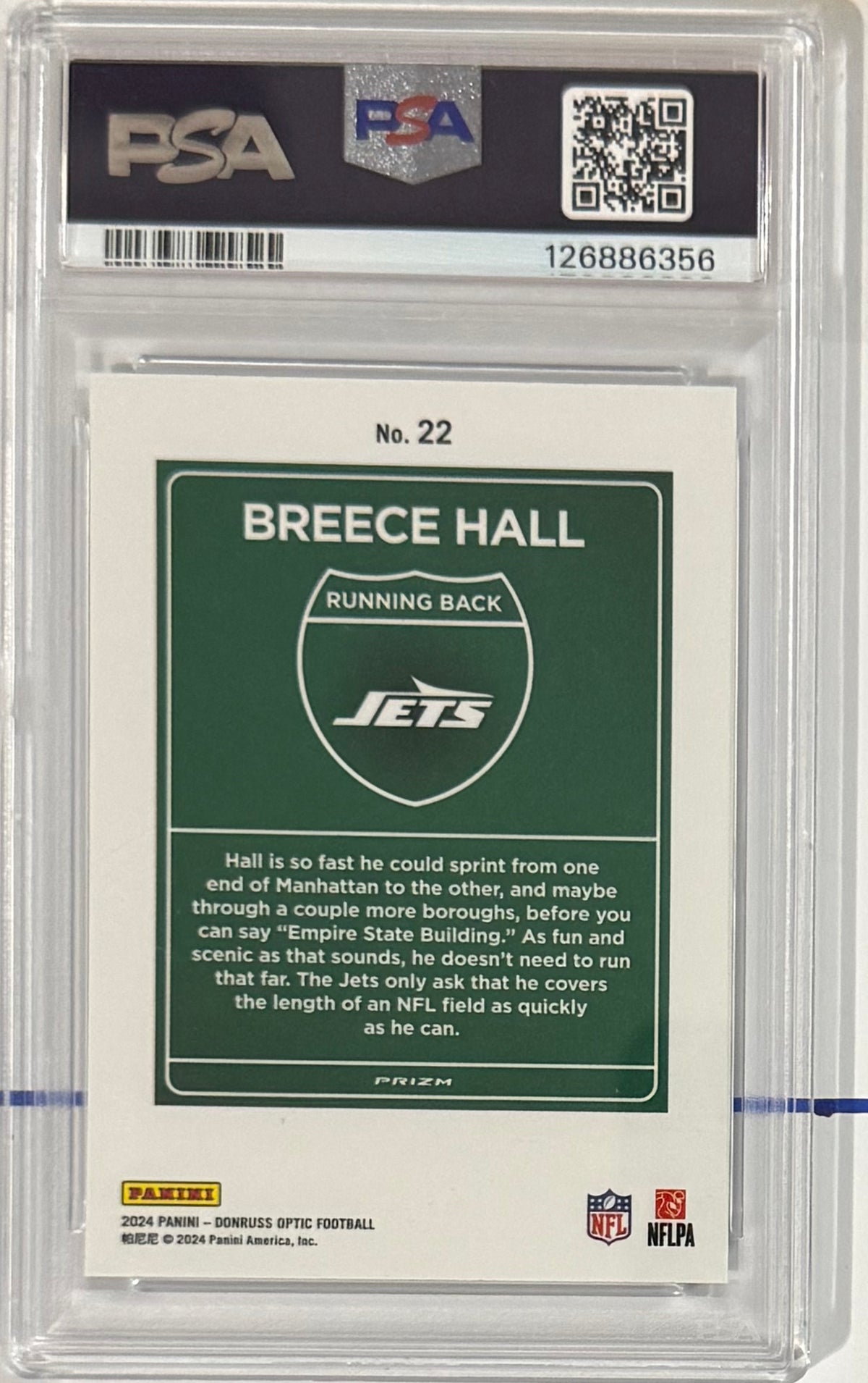 2024 Breece Hall — Donruss Optic Downtown — PSA 10 — back — Inventory P101-A