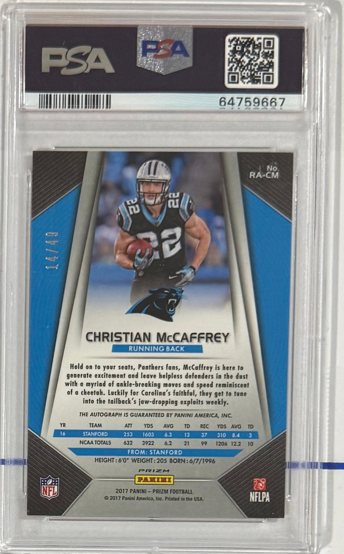 2017 Christian McCaffrey — Prizm Rookie Autographs [Red Power Prizm] — PSA 9 — back — Inventory P104-B