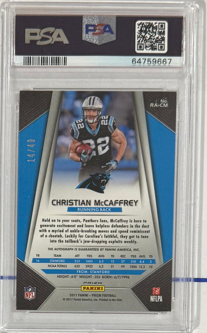 2017 Christian McCaffrey — Prizm Rookie Autographs [Red Power Prizm] — PSA 9 — back — Inventory P104-B