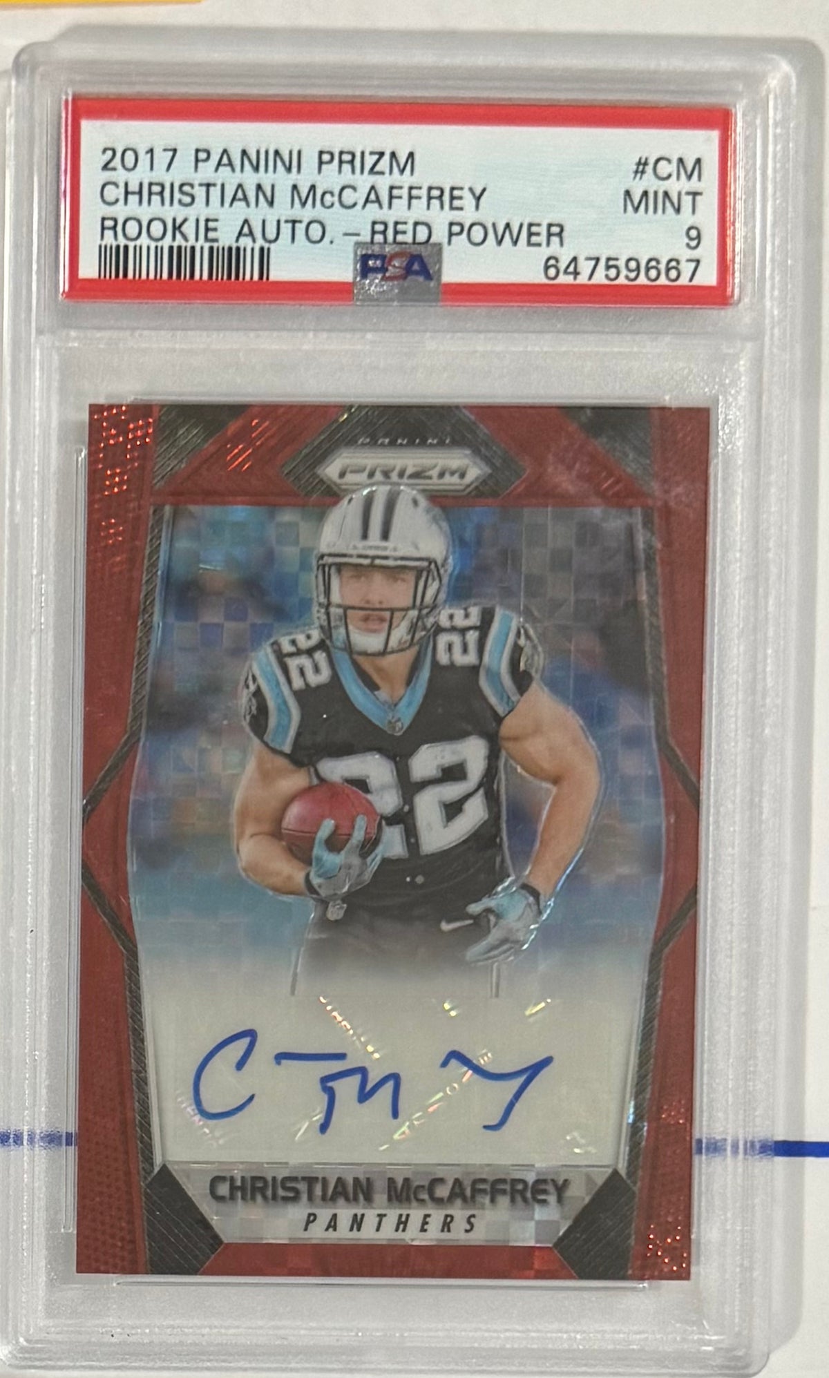 2017 Christian McCaffrey — Prizm Rookie Autographs [Red Power Prizm] — PSA 9 — front — Inventory P104-B