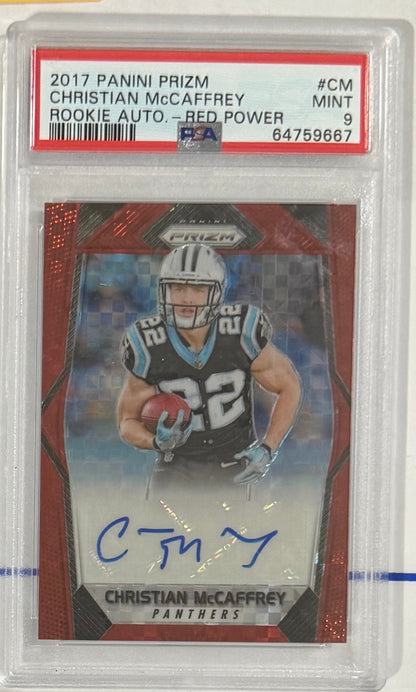 2017 Christian McCaffrey — Prizm Rookie Autographs [Red Power Prizm] — PSA 9 — front — Inventory P104-B