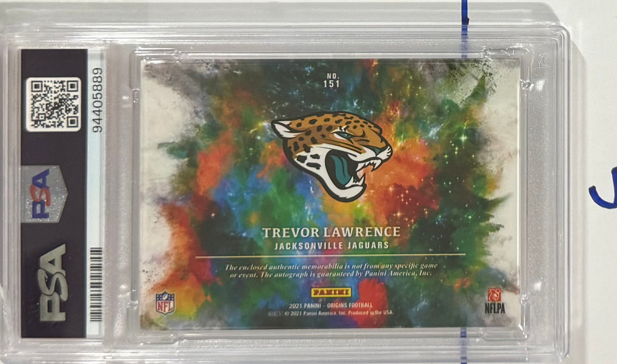 2021 Trevor Lawrence — Origins Rookie Jumbo Jersey Autographs [Orange] — PSA 9 — back — Inventory P105-A