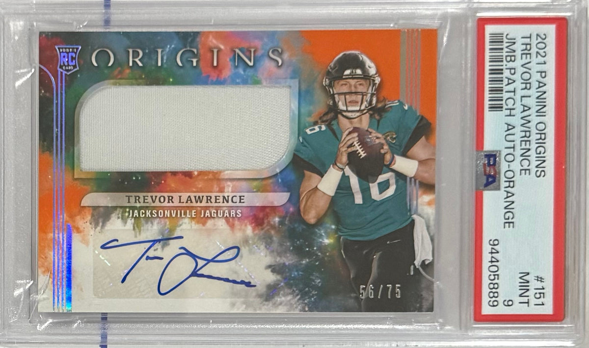 2021 Trevor Lawrence — Origins Rookie Jumbo Jersey Autographs [Orange] — PSA 9 — front — Inventory P105-A