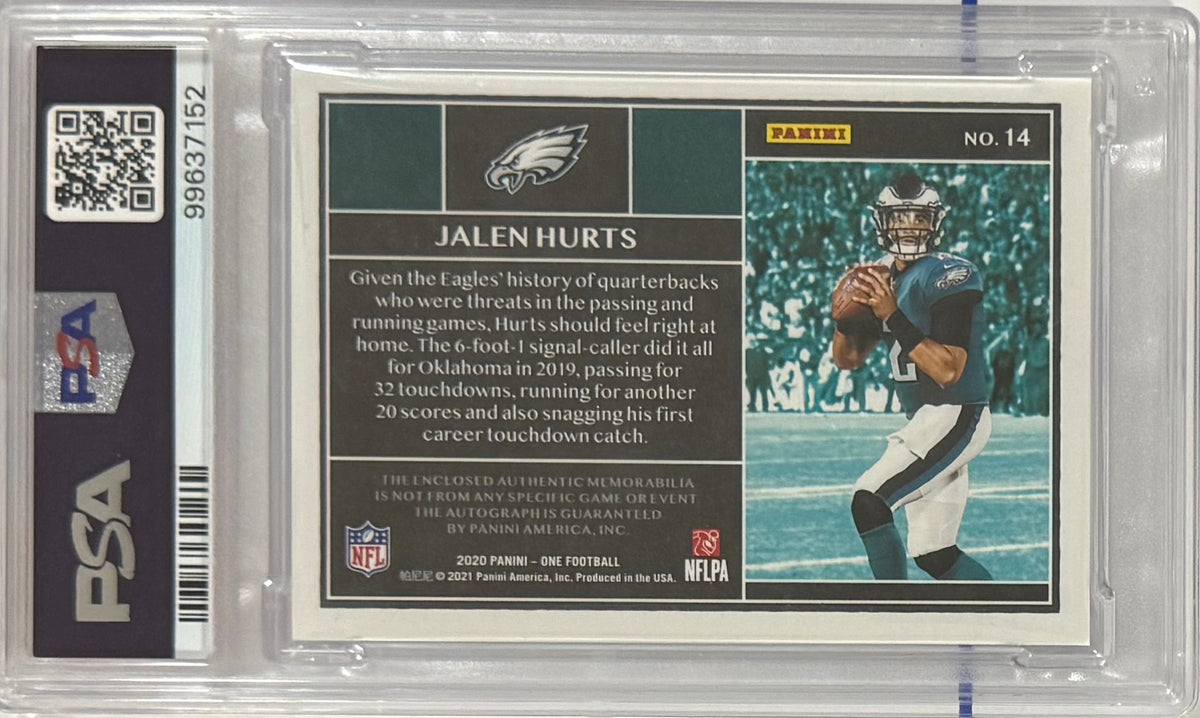 2020 Jalen Hurts — Panini One Rookie Patch Autographs [Bronze] — PSA 8 — back — Inventory P105-B