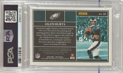 2020 Jalen Hurts — Panini One Rookie Patch Autographs [Bronze] — PSA 8 — back — Inventory P105-B