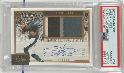 2020 Jalen Hurts — Panini One Rookie Patch Autographs [Bronze] — PSA 8 — front — Inventory P105-B