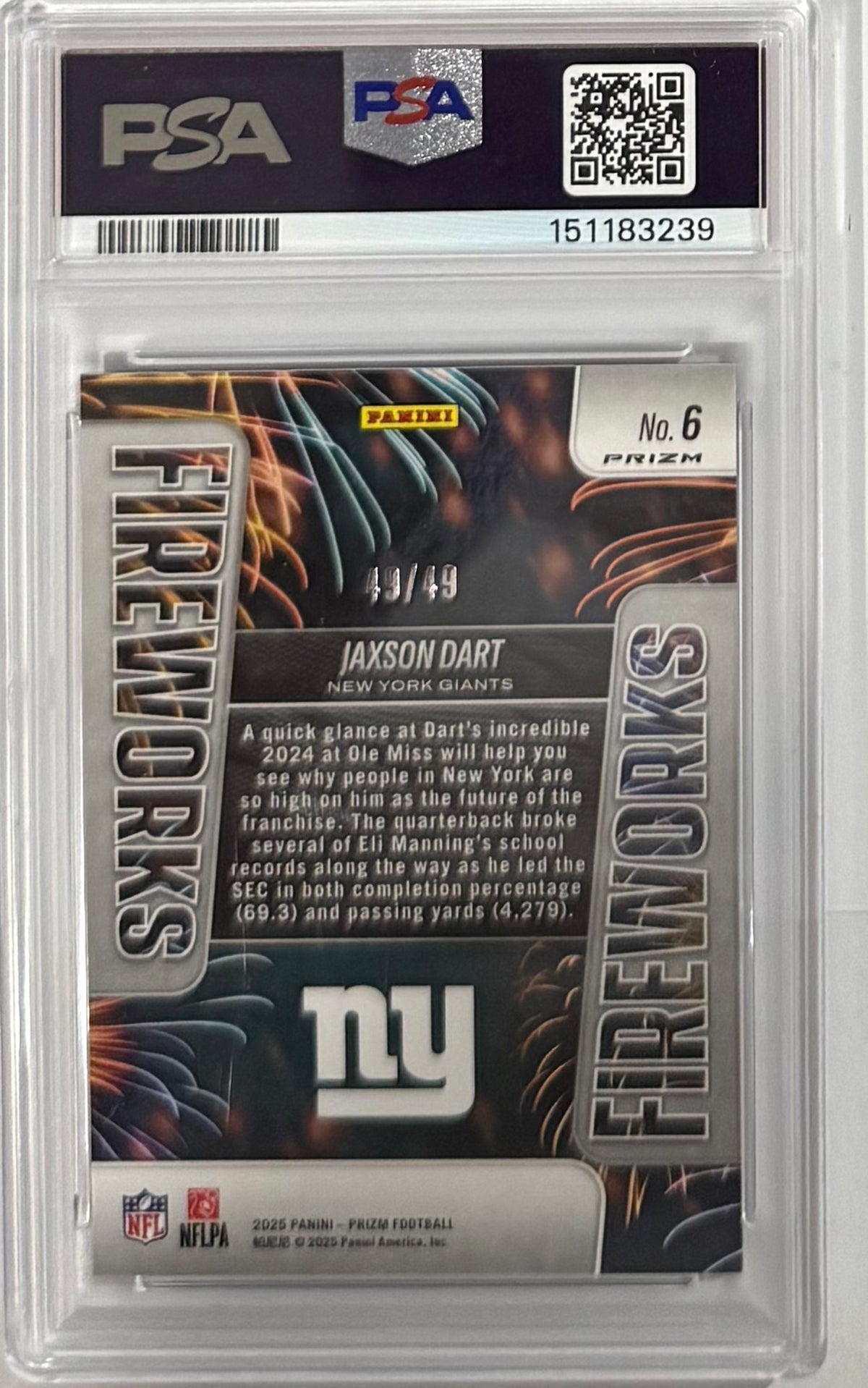 2025 Jaxson Dart — Prizm Fireworks [Purple Power Prizm] — PSA 10 — back — Inventory P106-C