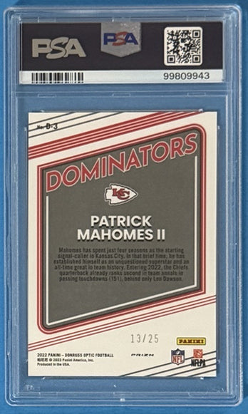 2022 Patrick Mahomes II — Donruss Optic Dominators [Black Pandora] — PSA 10 — back — Inventory P107-B