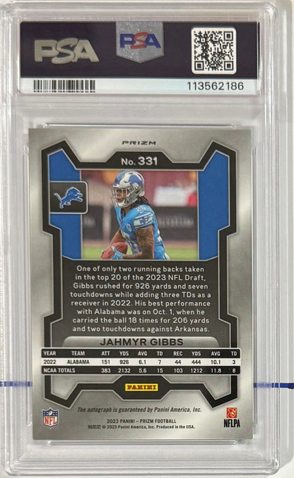 2023 Jahmyr Gibbs — Prizm Rookie Autographs [Silver Prizm] — PSA 9 — back — Inventory P108-A