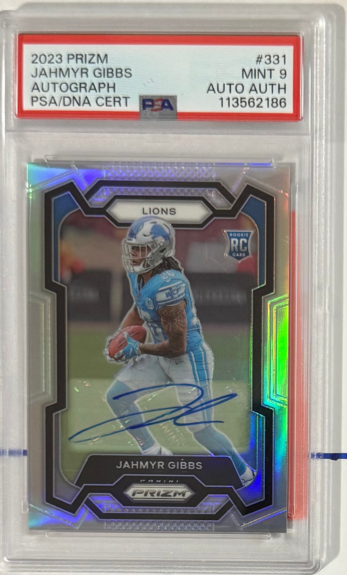2023 Jahmyr Gibbs — Prizm Rookie Autographs [Silver Prizm] — PSA 9 — front — Inventory P108-A