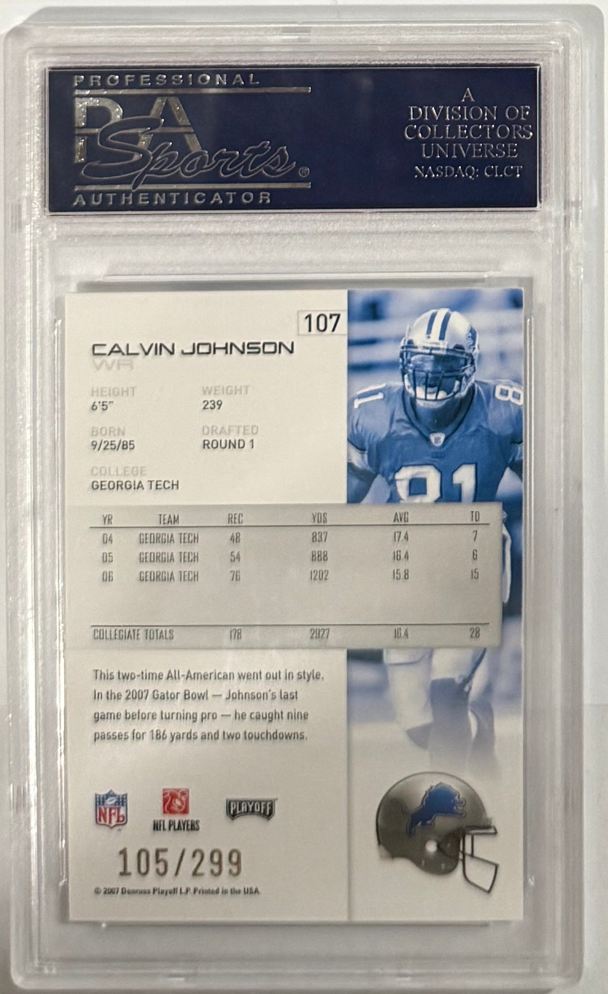 2007 Calvin Johnson — NFL Playoffs Rookies [Gold] — PSA 10 — back — Inventory P108-C
