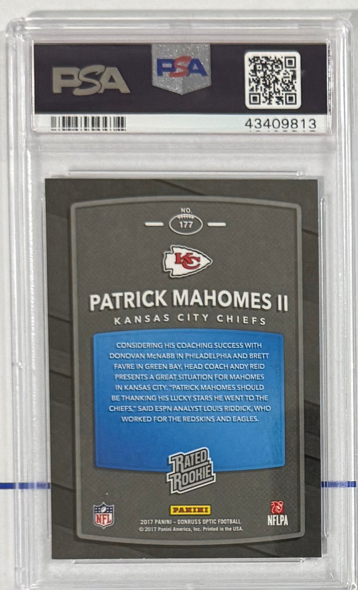 2017 Patrick Mahomes II — Donruss Optic Rated Rookies — PSA 9 — back — Inventory P110-A