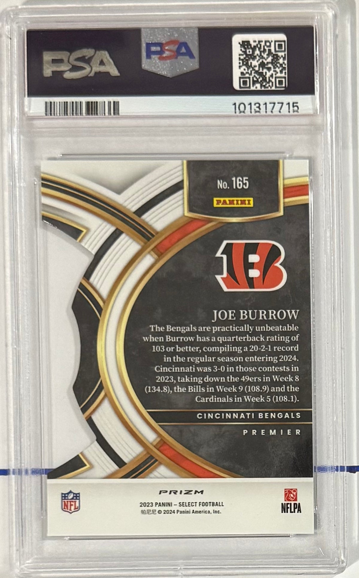 2023 Joe Burrow — Select Premier [Die-Cut Zebra Prizm] — PSA 10 — back — Inventory P111-A