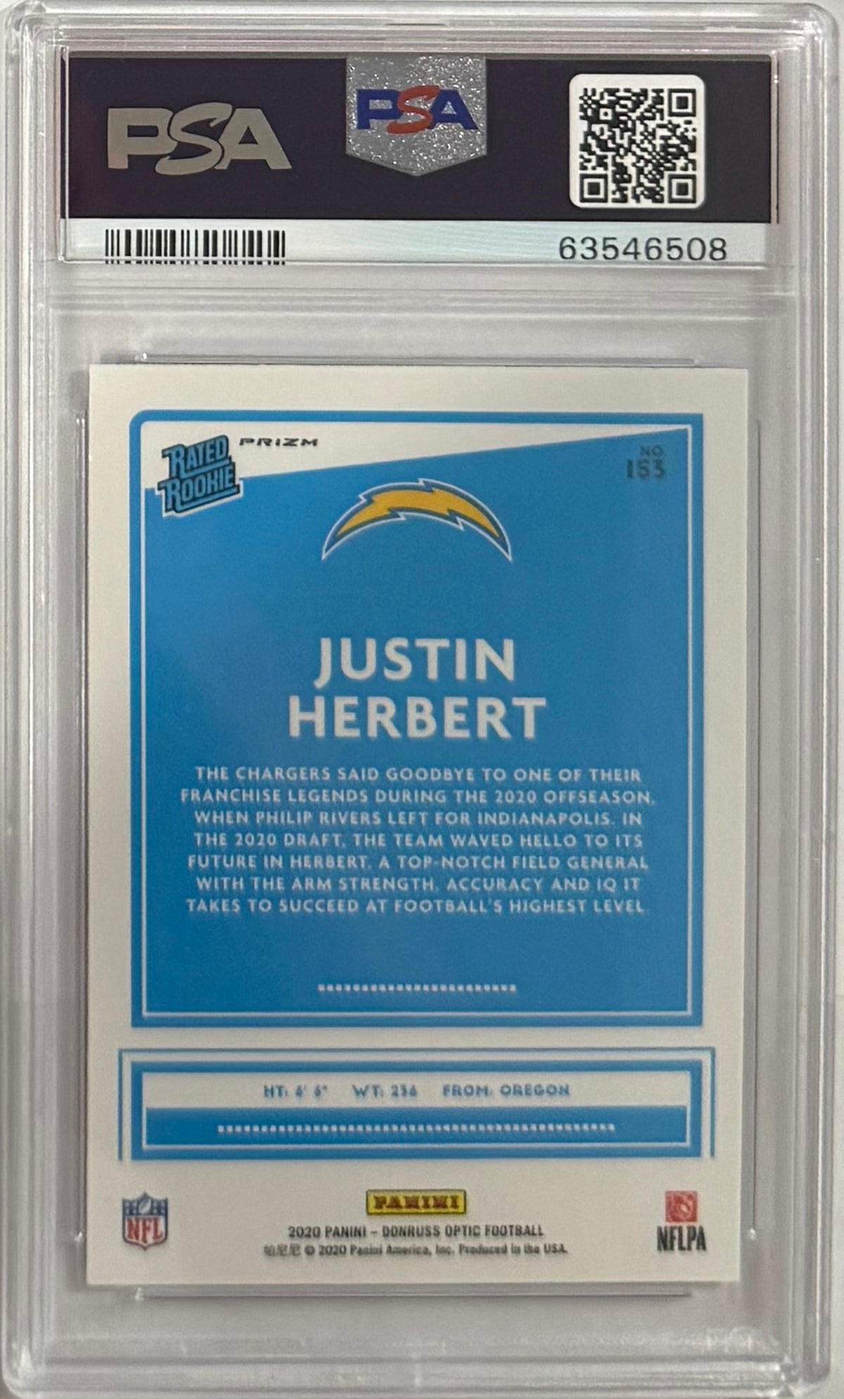 2020 Justin Herbert — Donruss Optic Rated Rookies [Blue Scope Prizm] — PSA 10 — back — Inventory P112-D