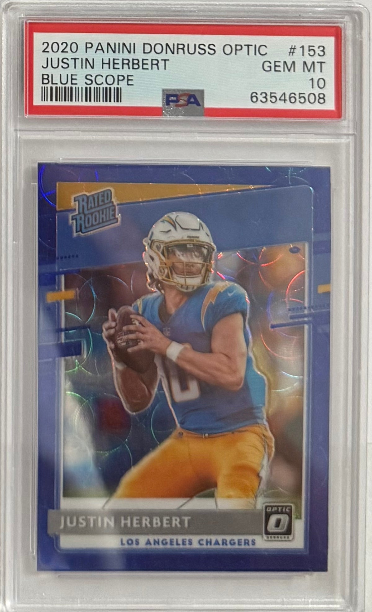 2020 Justin Herbert — Donruss Optic Rated Rookies [Blue Scope Prizm] — PSA 10 — front — Inventory P112-D