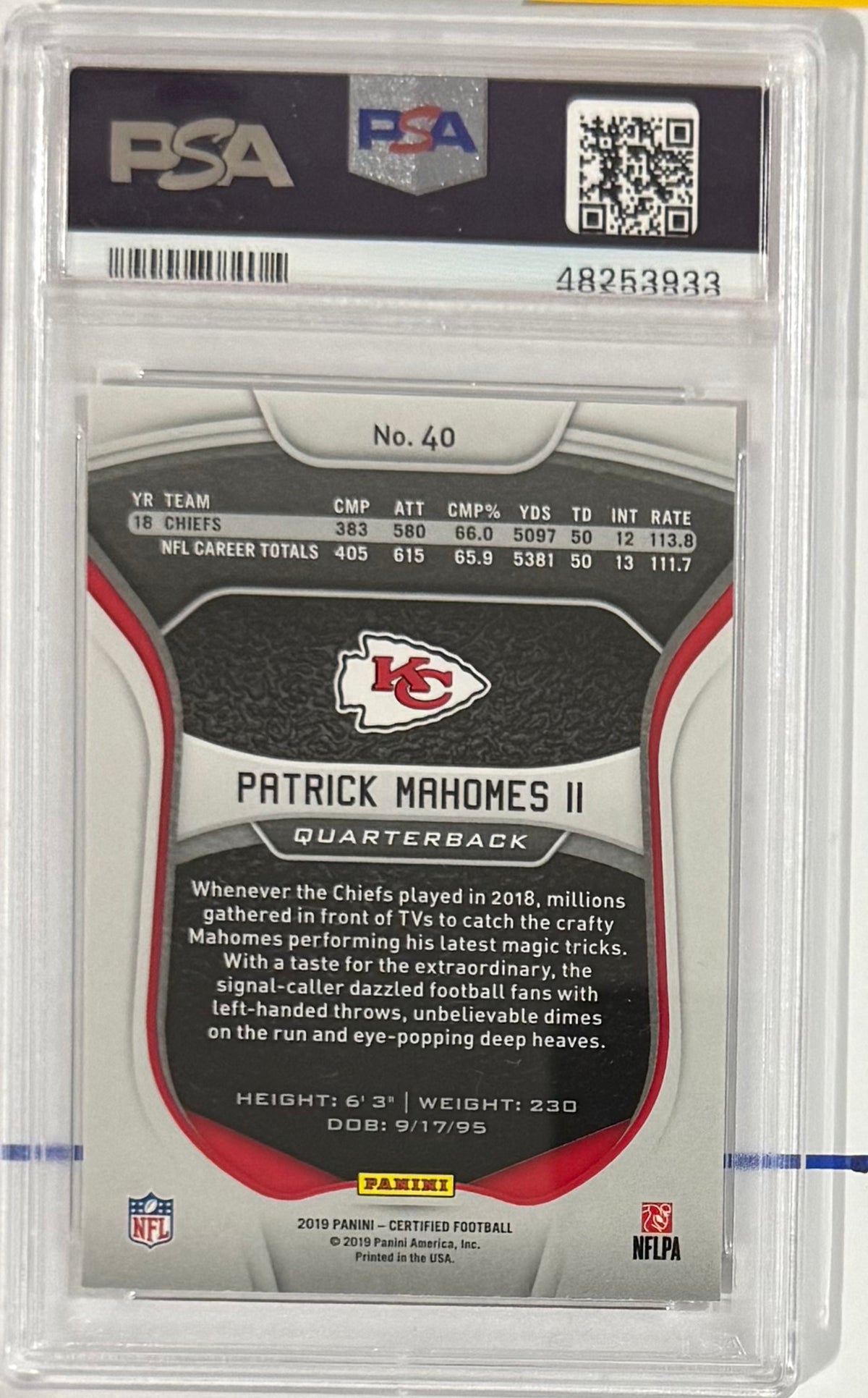 2019 Patrick Mahomes II — Certified Base — PSA 10 — back — Inventory P113-A