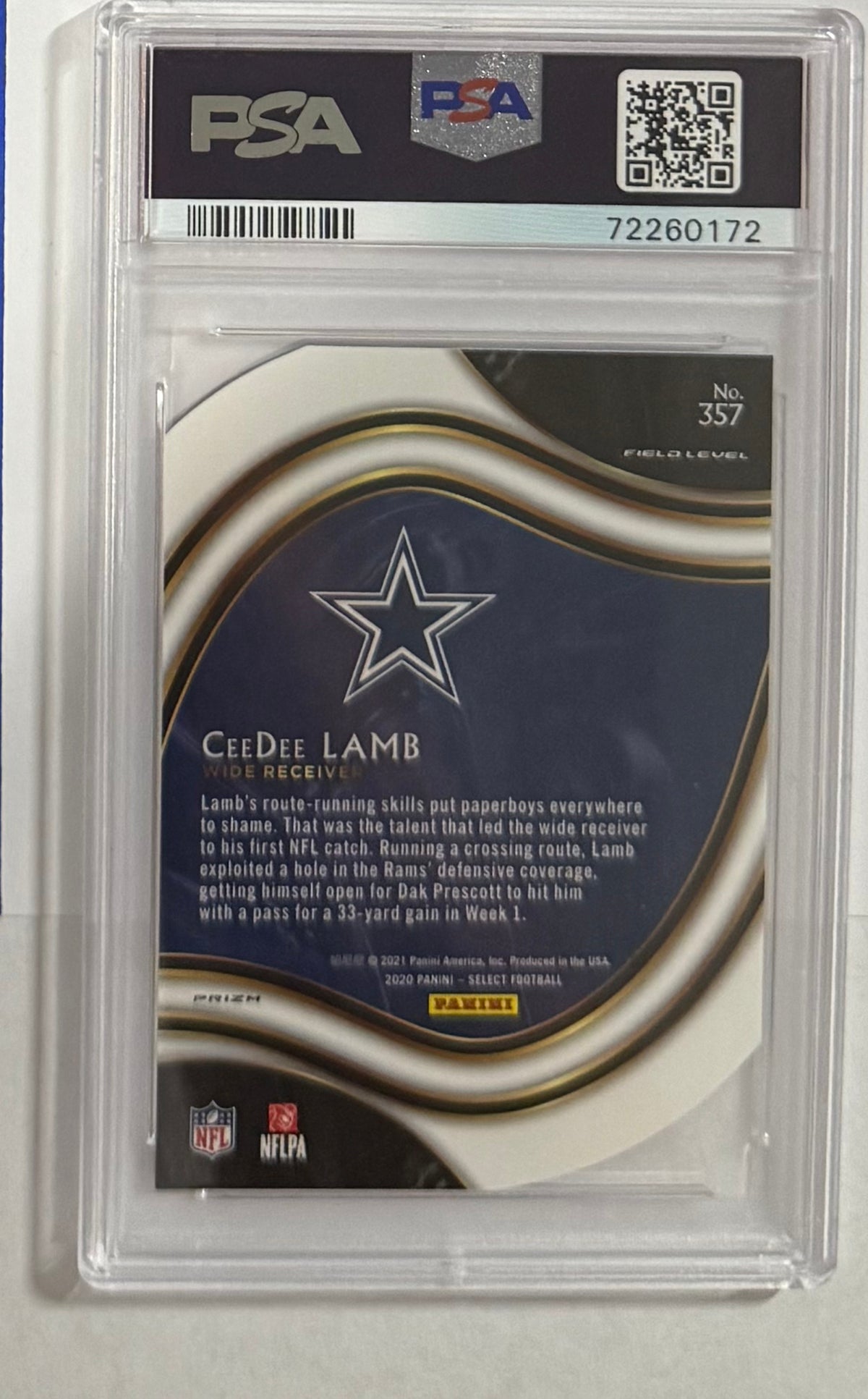 2020 CeeDee Lamb — Select Field Level [Purple Prizm Die-Cut] — PSA 10 — back — Inventory P113-D
