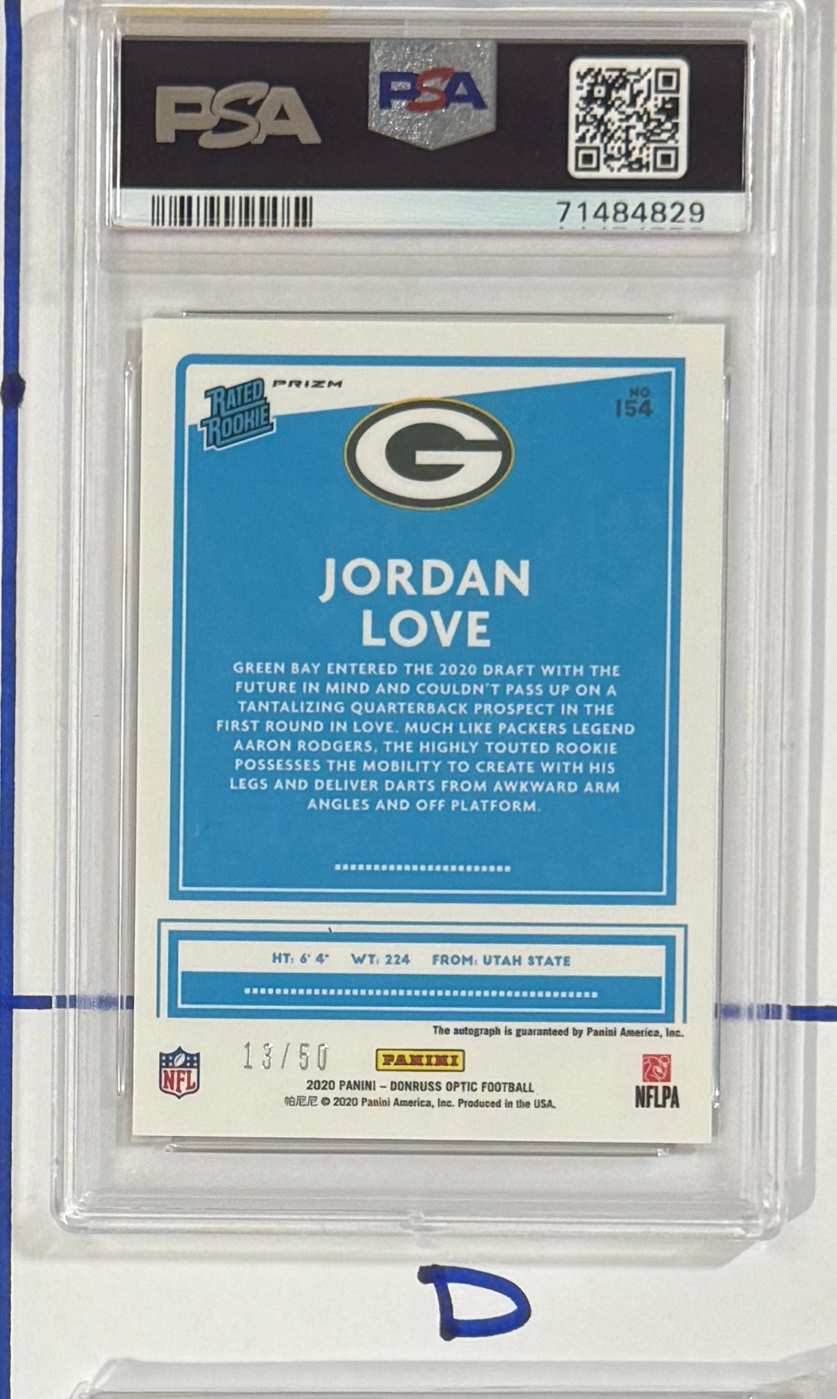 2020 Jordan Love — Donruss Optic Rated Rookie Autographs [Red] — PSA 9 — back — Inventory P114-B