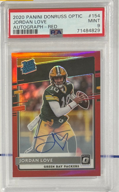 2020 Jordan Love — Donruss Optic Rated Rookie Autographs [Red] — PSA 9 — front — Inventory P114-B