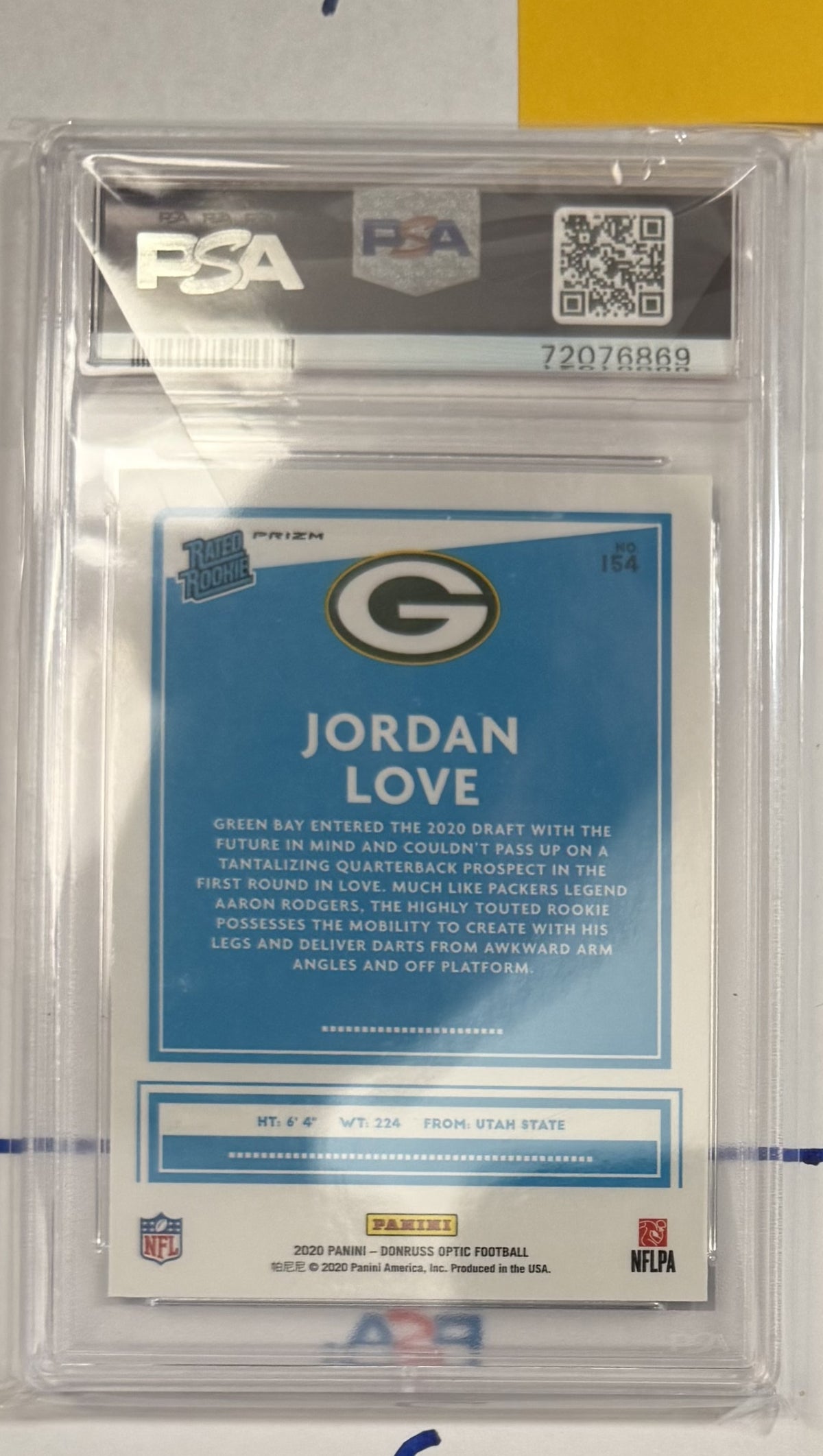2020 Jordan Love — Donruss Optic Rated Rookies [Blue Hyper Prizm] — PSA 10 — back — Inventory P116-A