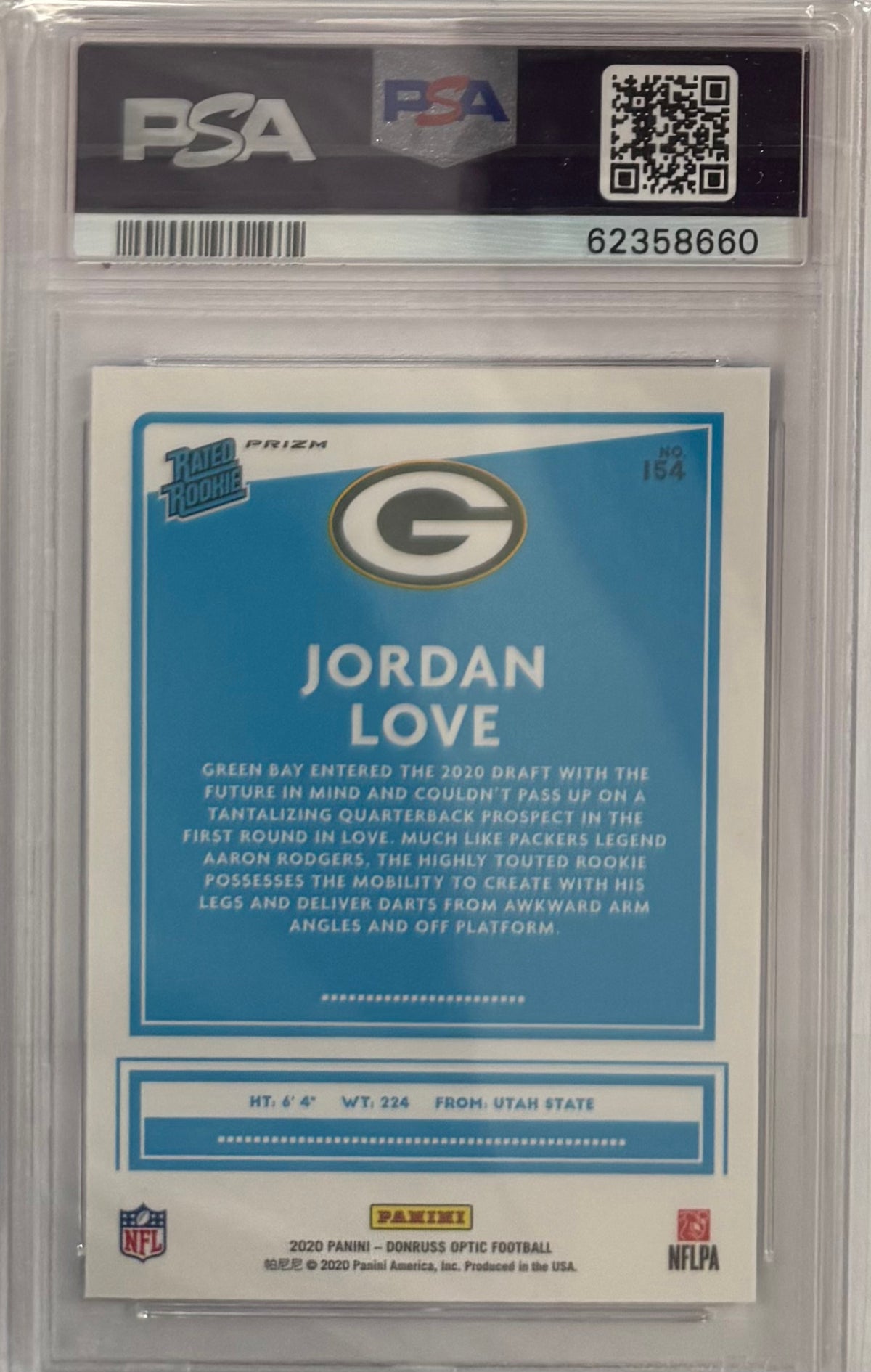 2020 Jordan Love — Donruss Optic Rated Rookies [Blue Hyper Prizm] — PSA 10 — back — Inventory P116-C