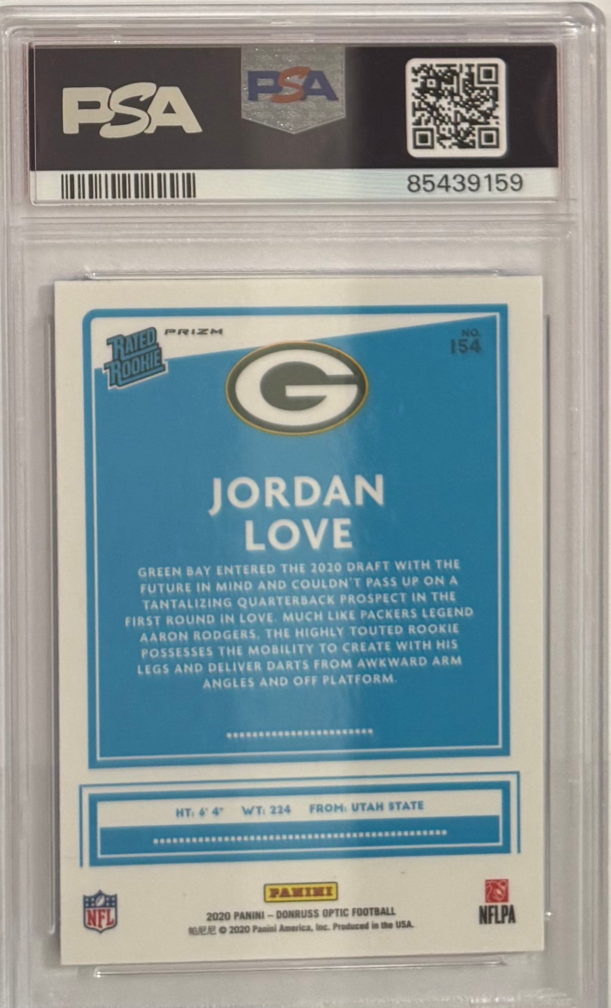 2020 Jordan Love — Donruss Optic Rated Rookies [Blue Scope Prizm] — PSA 10 — back — Inventory P116-D