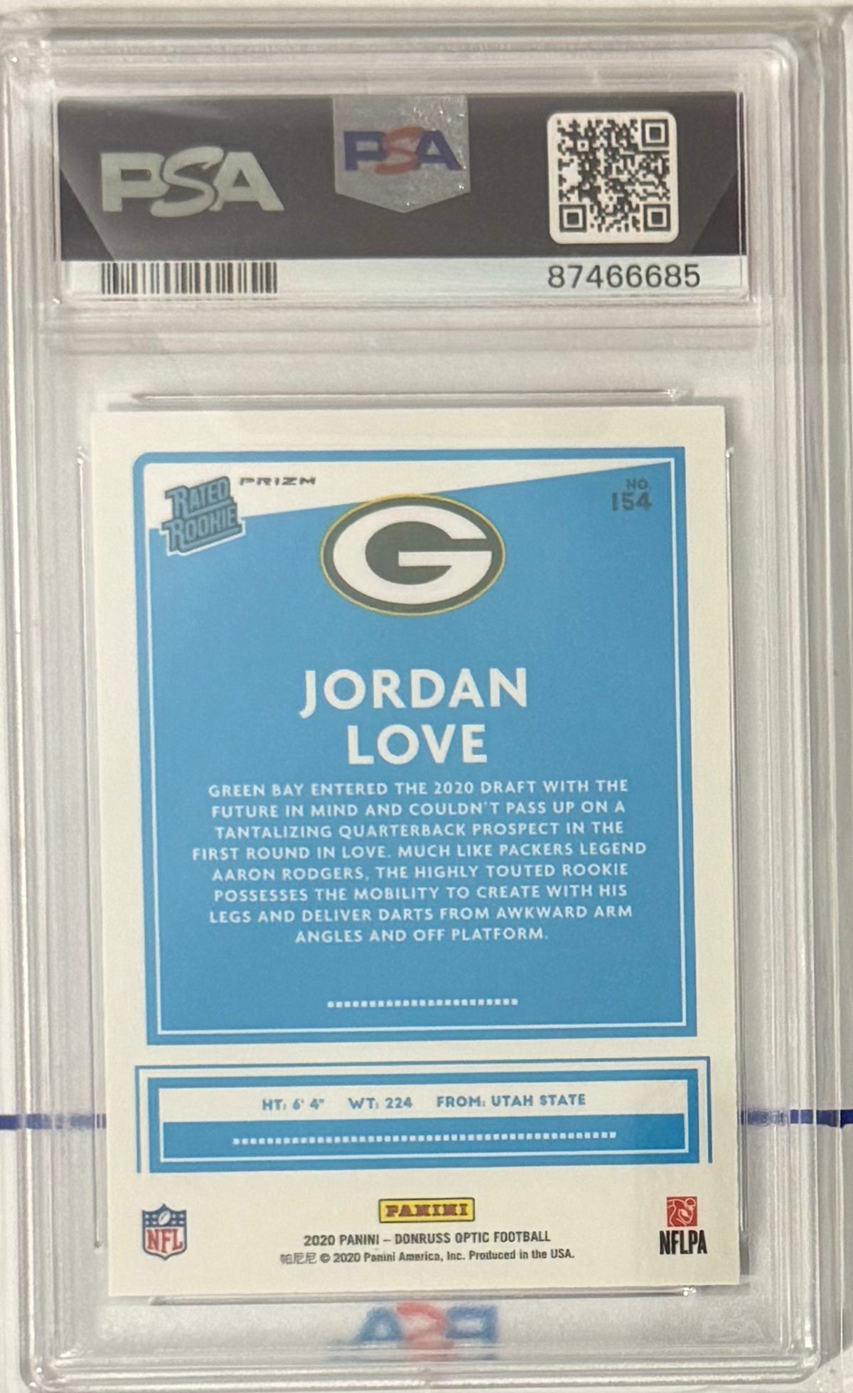 2020 Jordan Love — Donruss Optic Rated Rookies [Holo] — PSA 10 — back — Inventory P117-A