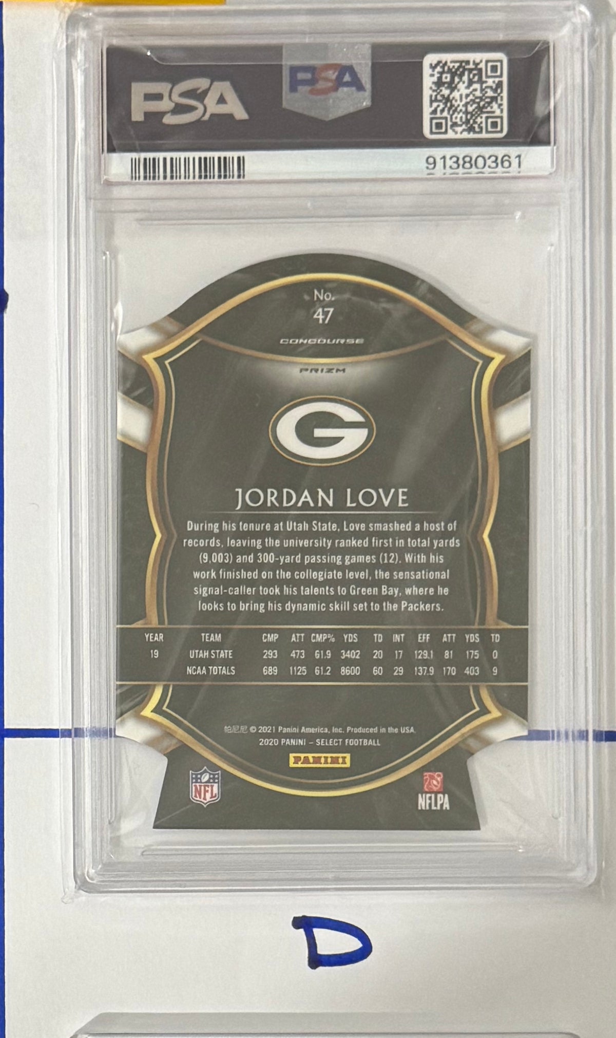 2020 Jordan Love — Select Concourse [Light Blue Prizm Die-Cut] — PSA 10 — back — Inventory P119-B