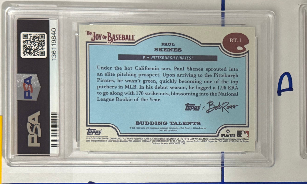 2025 Paul Skenes — Topps x Bob Ross: The Joy of Baseball Budding Talents [Prussian Blue] — PSA 10 — back — Inventory P120-B
