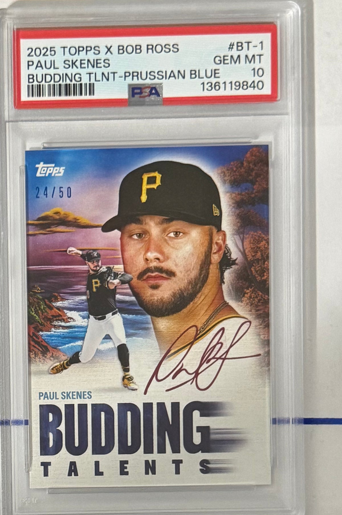 2025 Paul Skenes — Topps x Bob Ross: The Joy of Baseball Budding Talents [Prussian Blue] — PSA 10 — front — Inventory P120-B