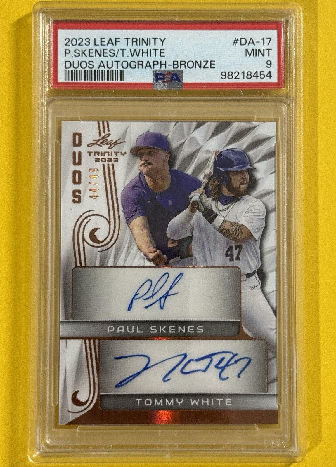 2023 Paul Skenes / Tommy White — Leaf Trinity Duos Autograph [Bronze] — PSA 9 — front — Inventory P121-A