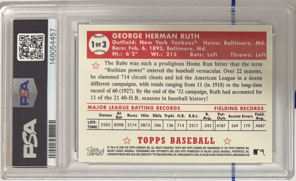 2009 Babe Ruth — Topps Factory Set Babe Ruth Gold Chrome Refractors [Gold Refractor] — PSA 10 — back — Inventory P122-B