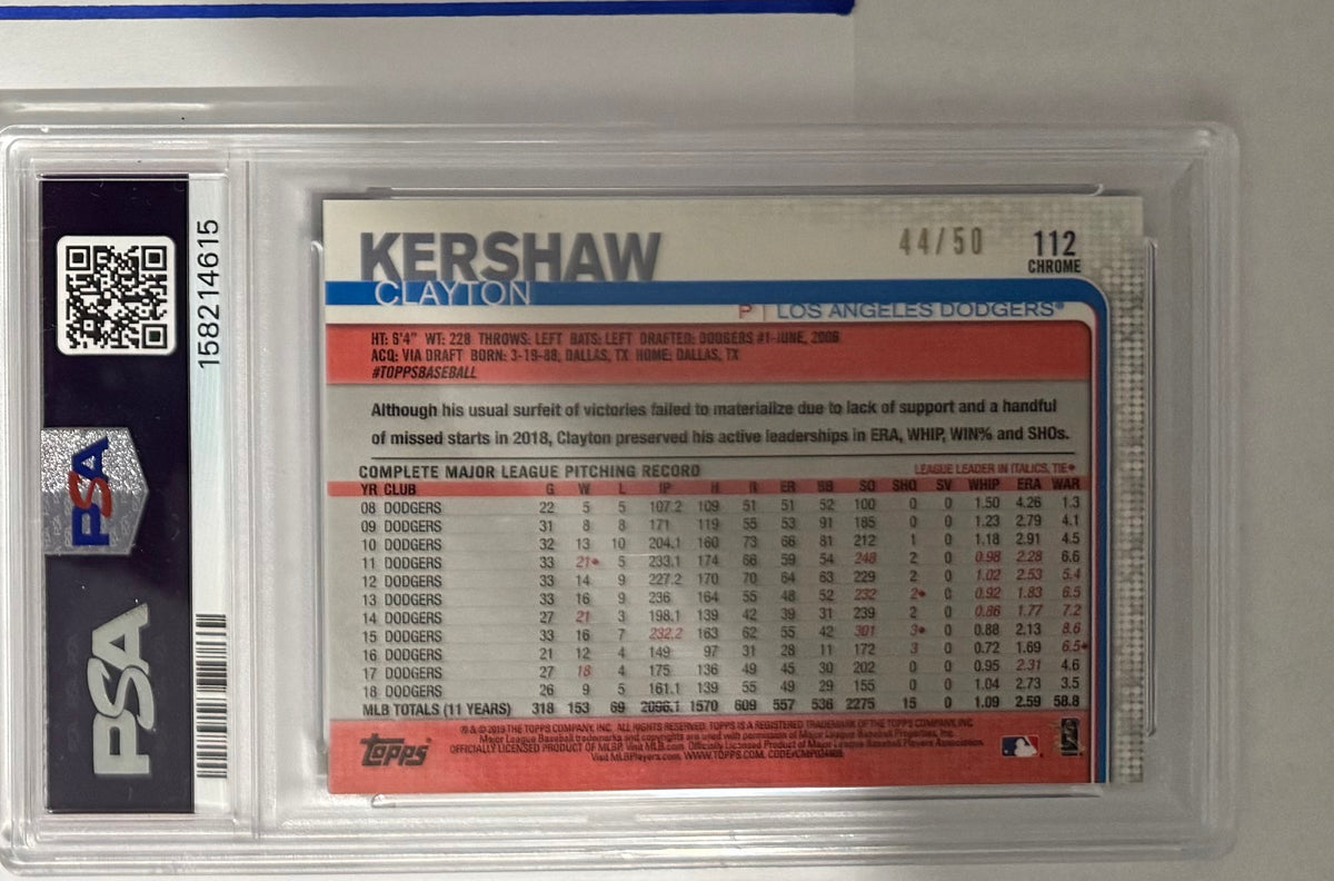 2019 Clayton Kershaw — Topps Chrome Image Variation — Straddling Fence [Gold Refractor] — PSA 10 — back — Inventory P122-C