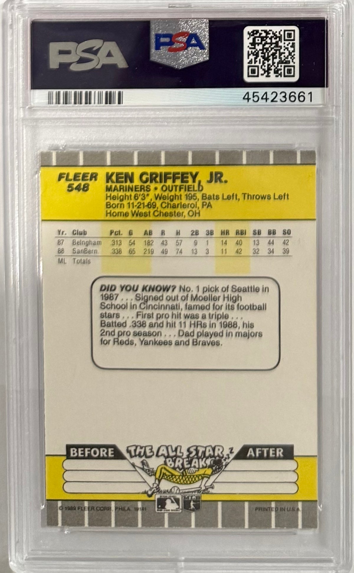 1989 Ken Griffey Jr. — Fleer Base — PSA 10 — back — Inventory P123-C