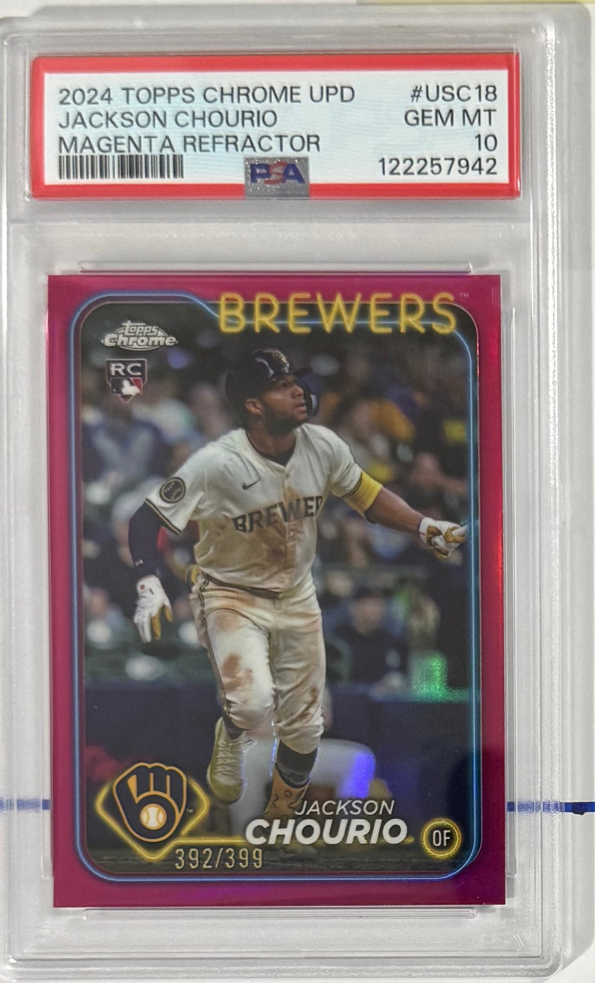 2024 Jackson Chourio — Topps Chrome Update Base [Magenta Refractor] — PSA 10 — front — Inventory P124-A