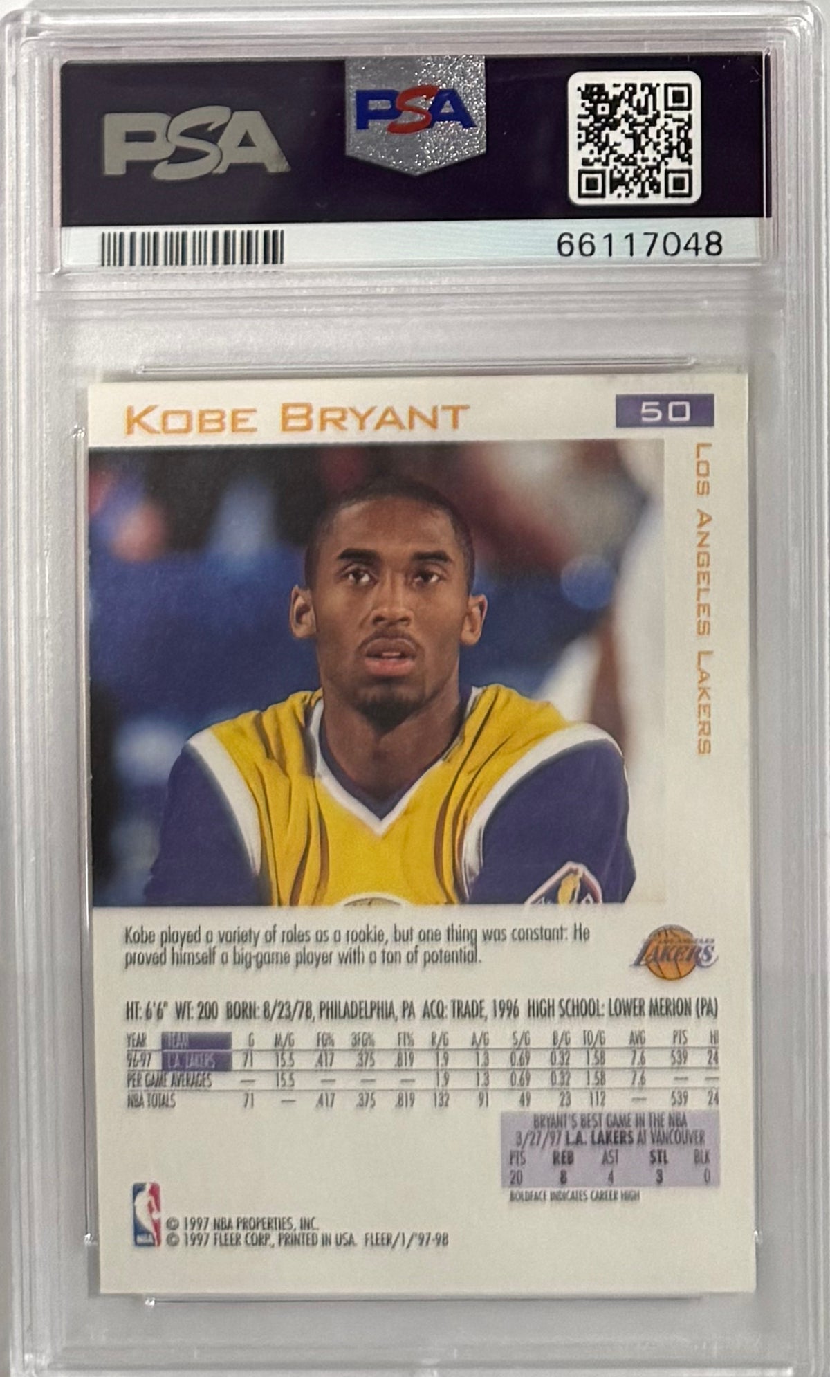 1997-98 Kobe Bryant — Fleer Base — PSA 10 — back — Inventory P124-C