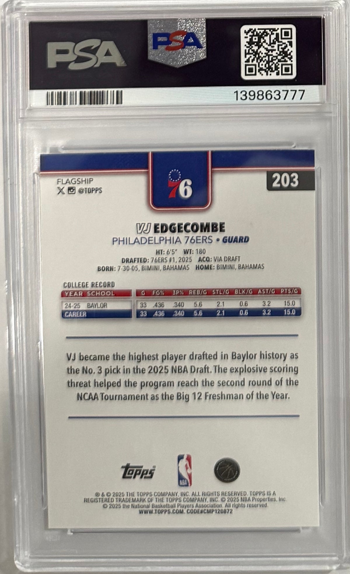 2025-26 VJ Edgecombe — Topps Basketball Base — PSA 10 — back — Inventory P125-C