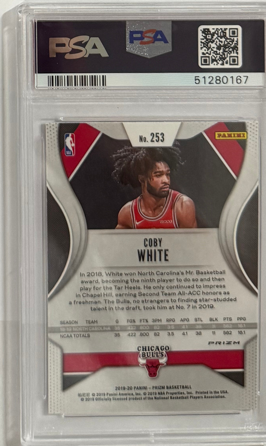 2019-20 Coby White — Prizm [Silver Prizm] — PSA 10 — back photograph