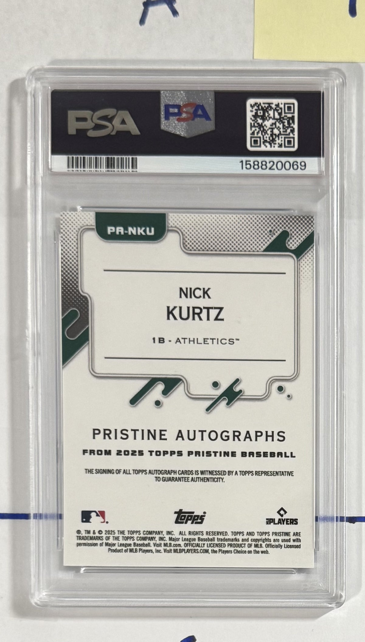 2025 Nick Kurtz — Topps Pristine Pristine Autographs [Blue Pristine Refractor] — PSA 10 — back — Inventory P127-A