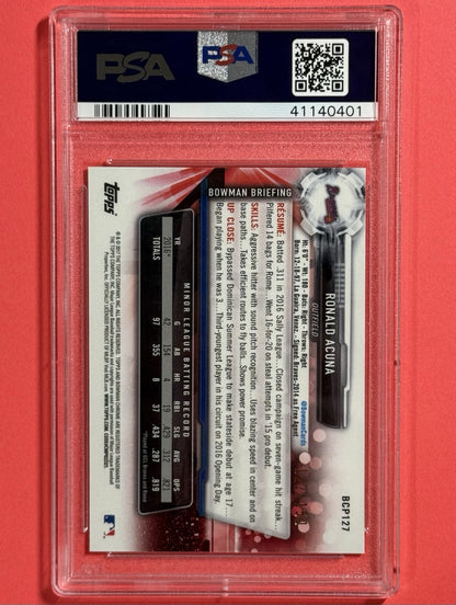 2017 Ronald Acuna Jr. — Bowman Chrome Prospects [Blue Refractor] — PSA 10 — back — Inventory P128-B