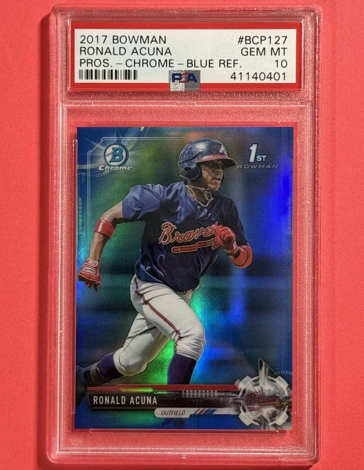 2017 Ronald Acuna Jr. — Bowman Chrome Prospects [Blue Refractor] — PSA 10 — front — Inventory P128-B