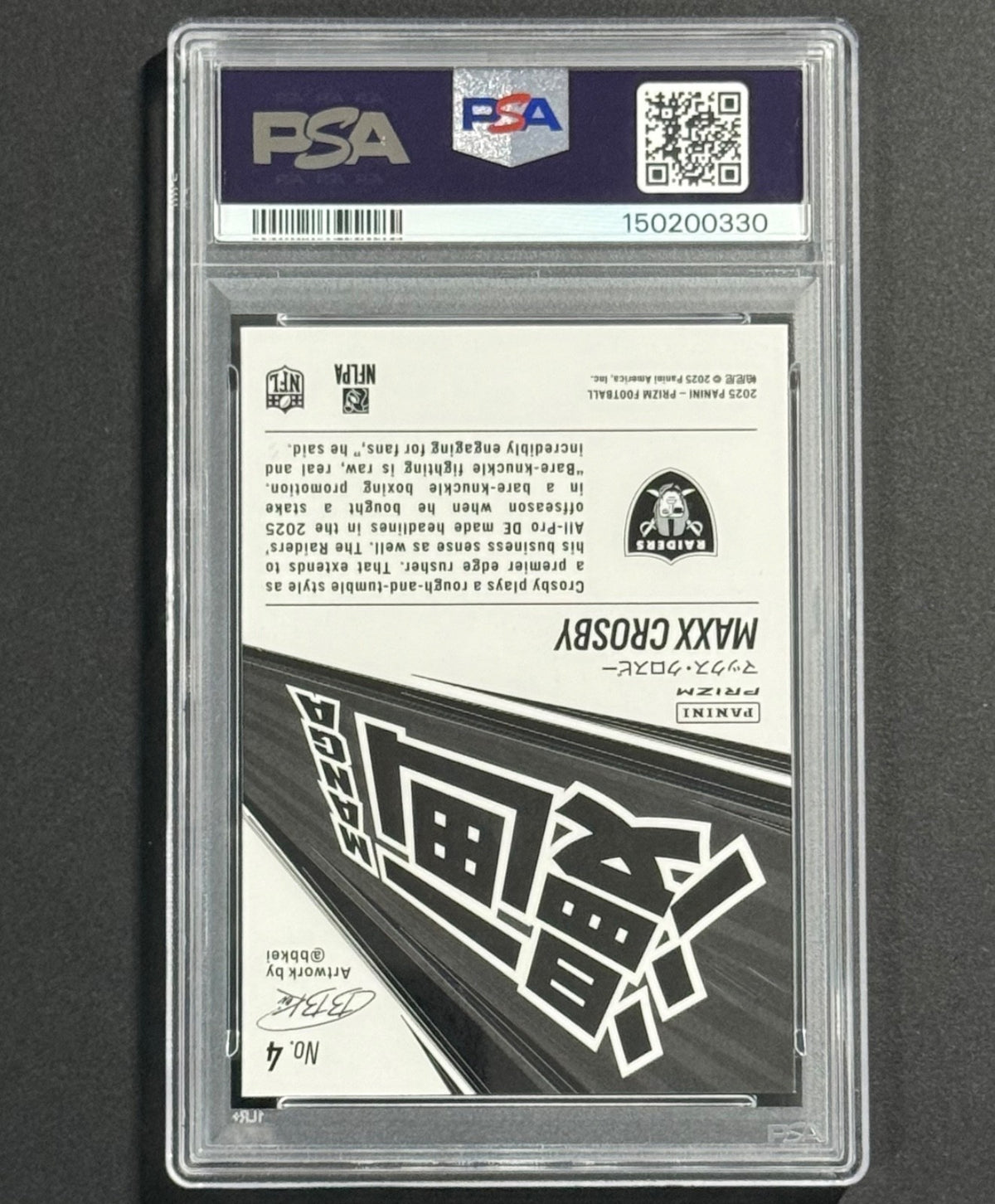 2025 Maxx Crosby — Prizm Manga Horizontal [SSP / Case Hit] — PSA 10 — back — Inventory P128-D