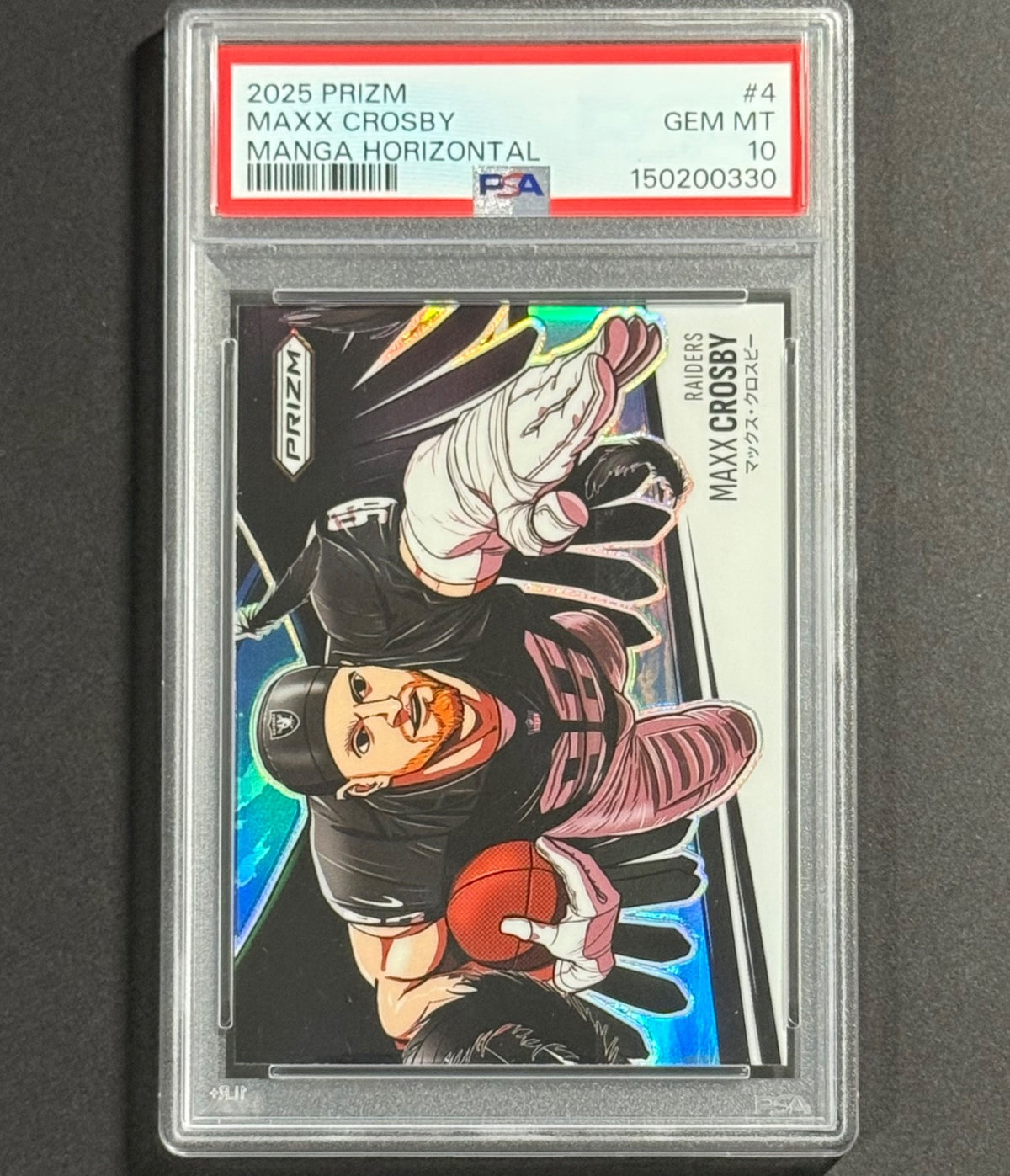 2025 Maxx Crosby — Prizm Manga Horizontal [SSP / Case Hit] — PSA 10 — front — Inventory P128-D