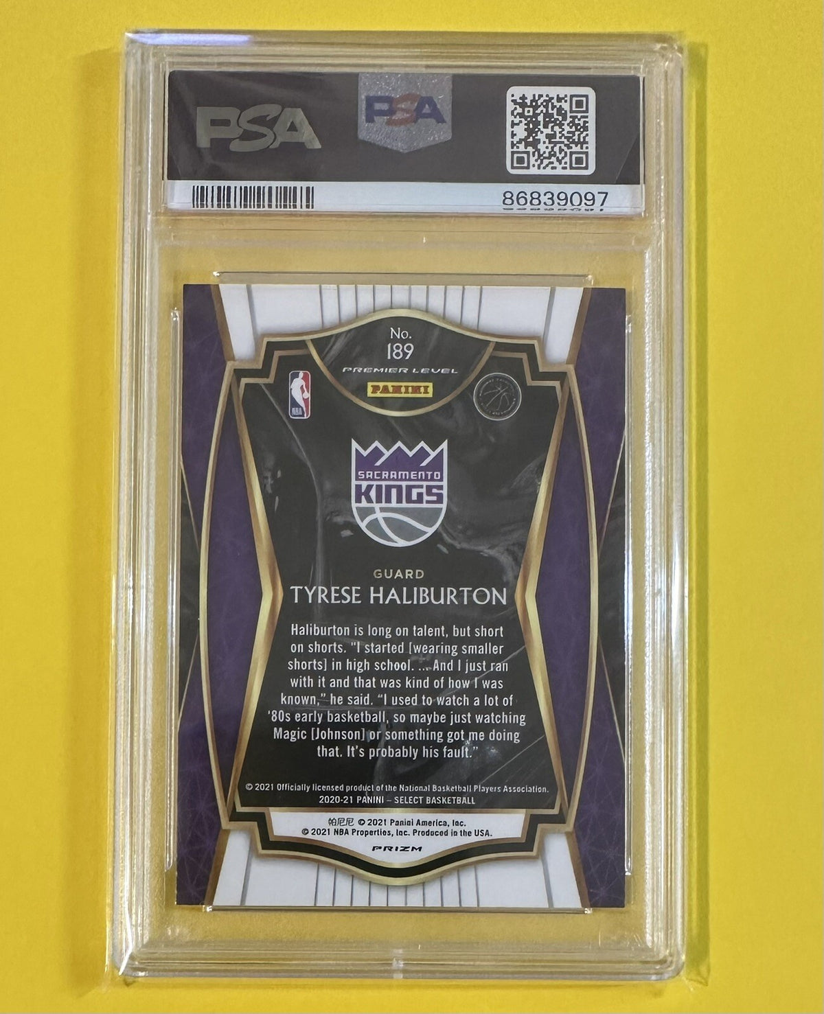 2020-21 Tyrese Haliburton — Select Premier Level [Red White Orange Shimmer Prizm] — PSA 10 — back — Inventory P129-C