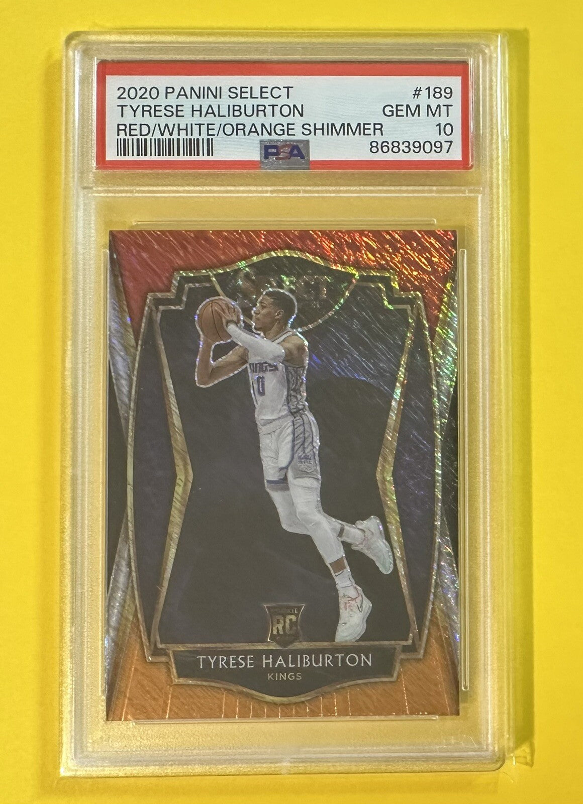 2020-21 Tyrese Haliburton — Select Premier Level [Red White Orange Shimmer Prizm] — PSA 10 — front — Inventory P129-C